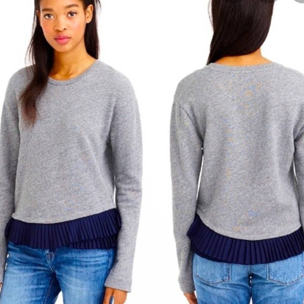 J Crew Heathered Grey Sweatshirt with Navy Pleated Silky Trim, Small